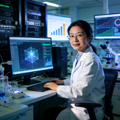 b体育平台首席数据科学家赵琳博士在实验室分析数据模型的照片