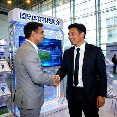 b体育平台商务合作负责人在国际体育科技展会上与合作伙伴洽谈