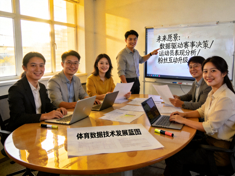 团队成员围坐在会议室讨论未来体育数据技术发展蓝图与愿景