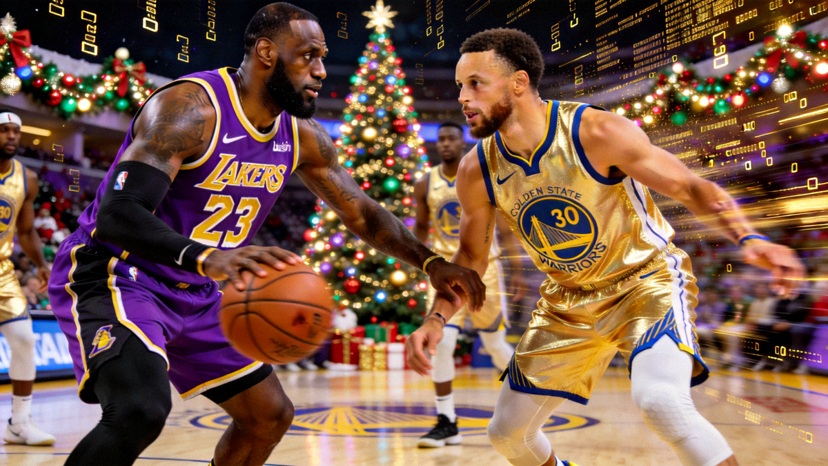 NBA圣诞大战湖人队与勇士队激烈对抗，詹姆斯与库里在场上专注控球，背景充满节日灯光与数据流