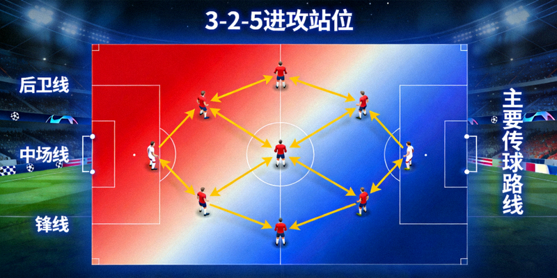 欧冠淘汰赛阵型热图，显示进攻时3-2-5站位与传球路线