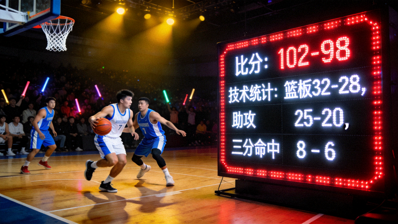 篮球比赛现场实时比分与技术统计同步更新的画面