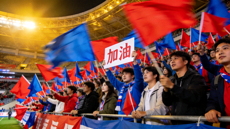 体育场内球迷挥舞旗帜观看比赛的现场氛围画面