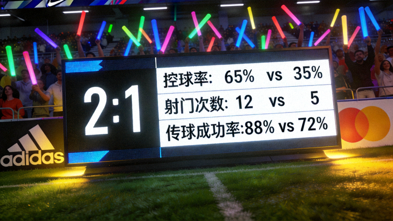 足球比赛现场大屏幕同步显示实时比分与双方技术统计数据的画面
