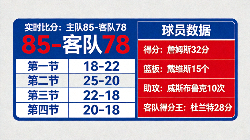 篮球比赛实时比分同步画面，展示单节得分与球员技术统计