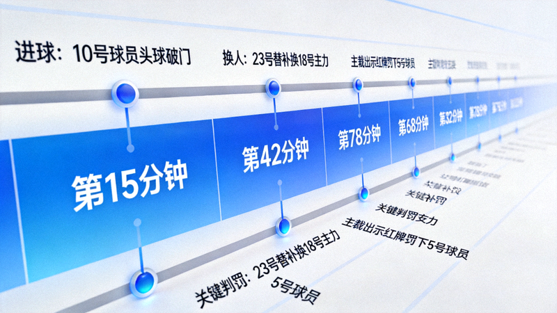 赛事时间轴事件追踪界面，按分钟展示进球换人与关键判罚记录