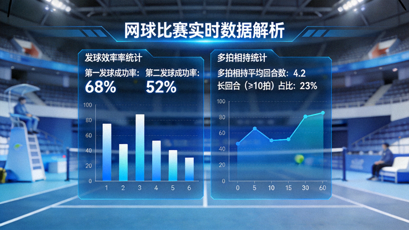 网球比赛实时数据解析界面，展示发球成功率与多拍相持统计