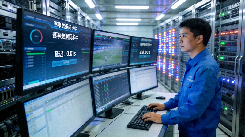 技术人员在现代化数据中心监控实时赛事数据同步系统运行状态