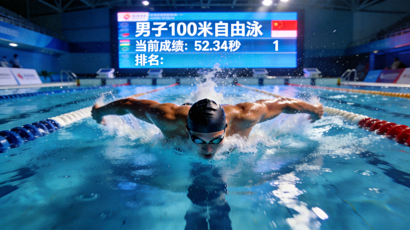 游泳比赛选手在泳道中奋力前行，电子记分板同步显示实时成绩