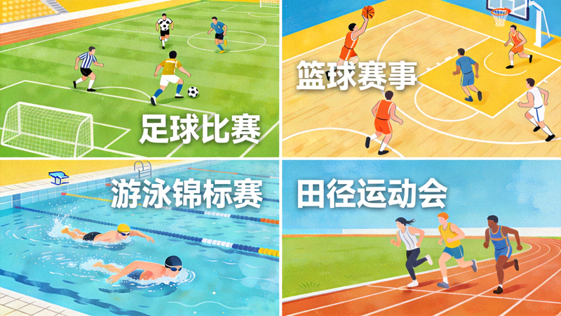 多项目体育赛事画面组合，体现赛事覆盖范围